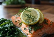Gebratener Lachs mit Zitronen-Kräuter-Sauce und Butterspinat