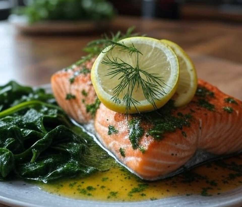 Gebratener-Lachs-mit-Zitronen-Kräuter-Sauce-und-Butterspinat